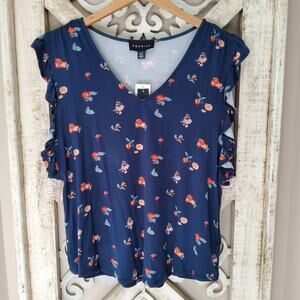 Premise Women's Flutter Ruffle Sleeveless V-Neck Tank in Blue & Coral Floral